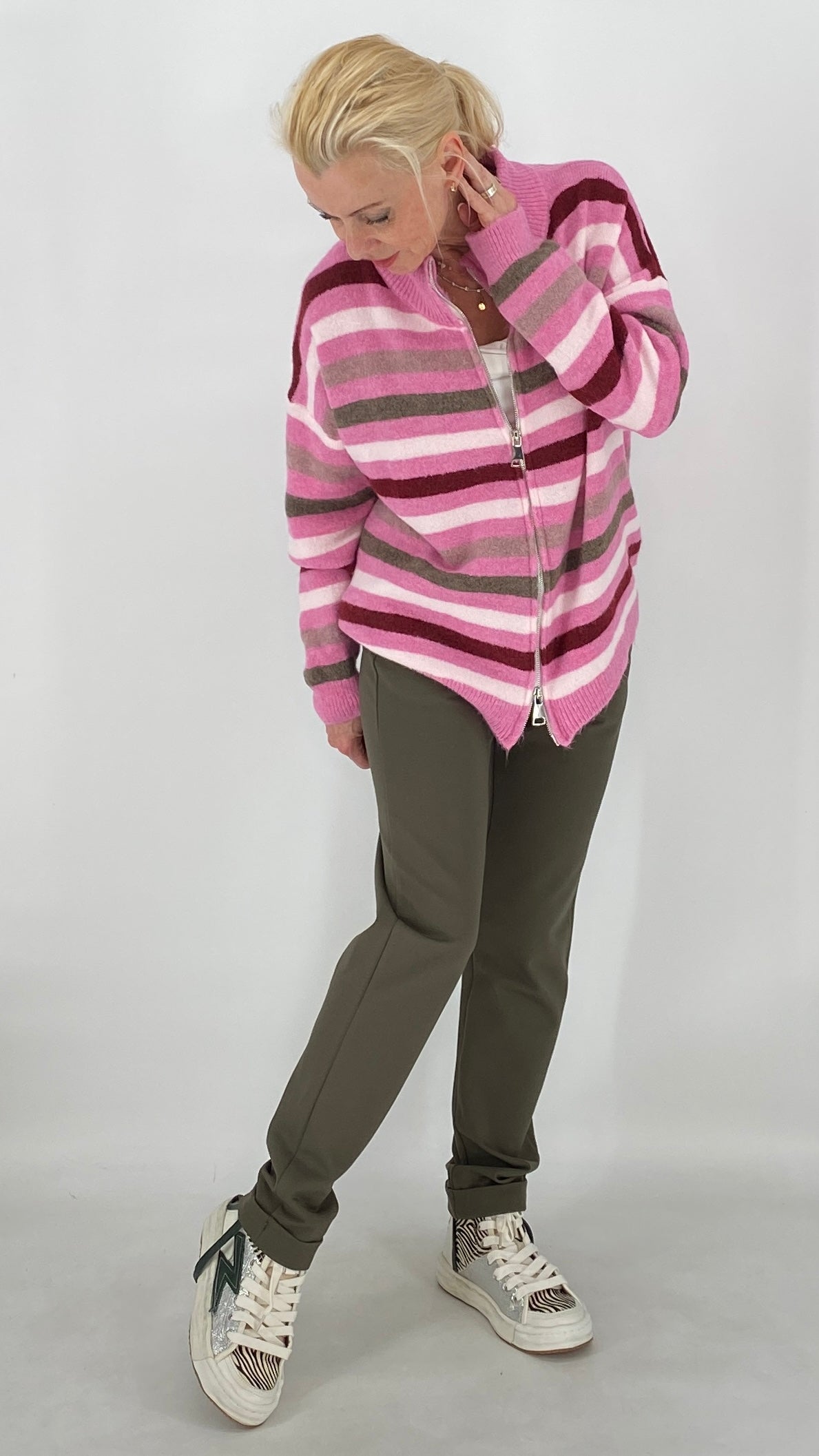 Strickjacke mit Reißverschluss, pink, bordeaux, khaki, beige