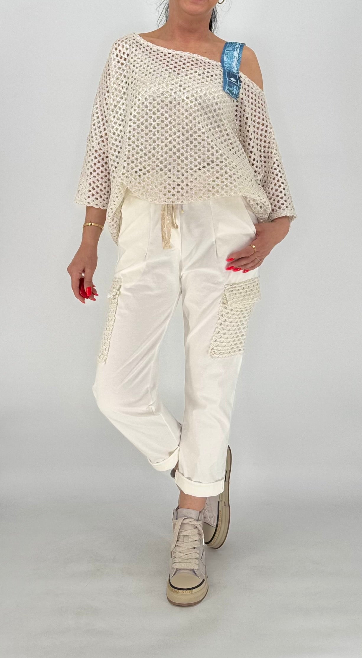 Hose mit Netzdetails, weiß