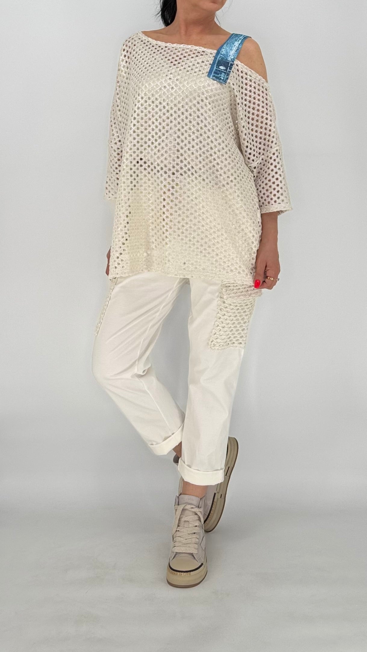 Hose mit Netzdetails, weiß