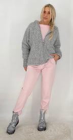 Bouclé Strickjacke mit Kapuze, grau, creme