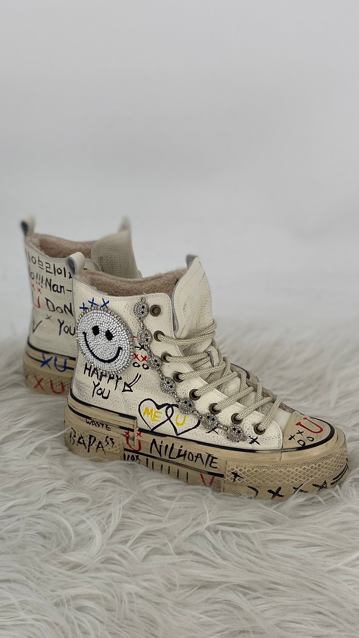 Handveredelte High-Top Boots aus echtem Leder, Weiß, Nan Ku