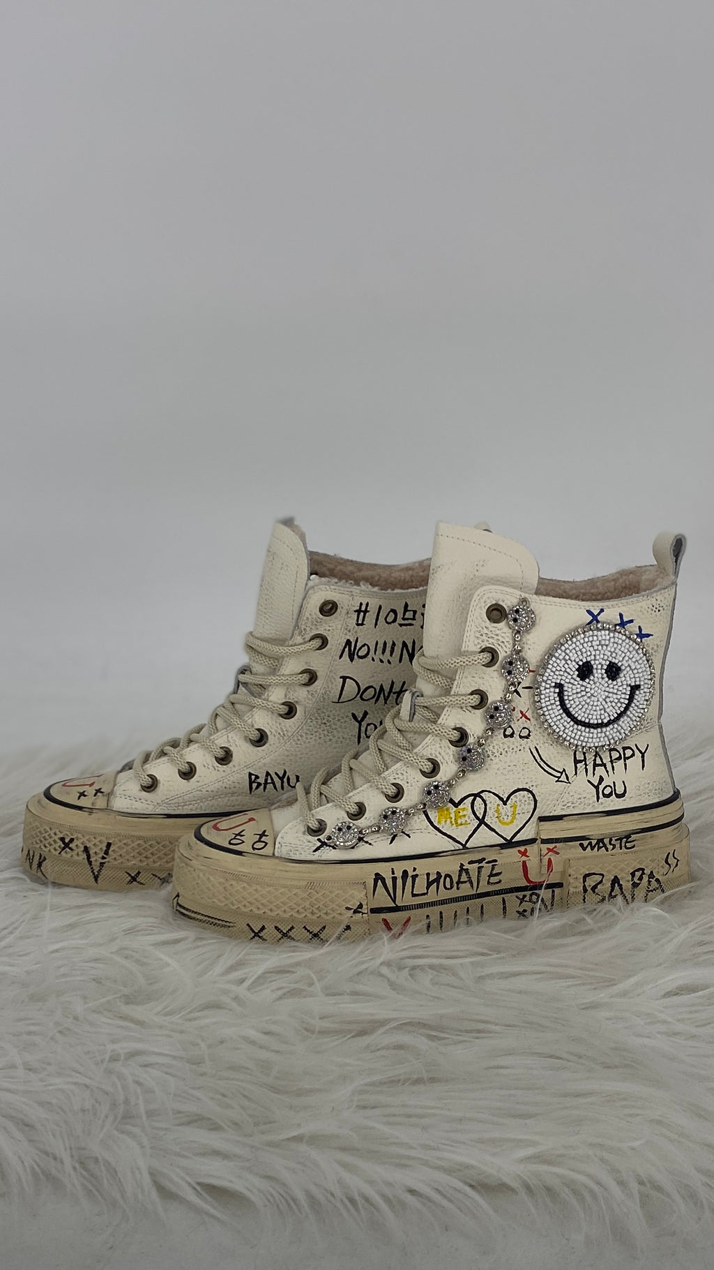 Handveredelte High-Top Boots aus echtem Leder, Weiß, Nan Ku