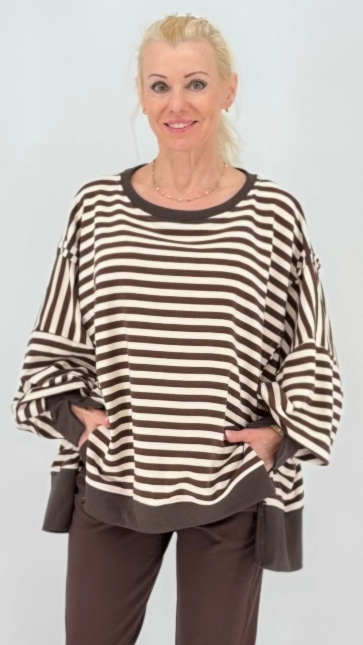 Sweatshirt gestreift, in Braun/Creme