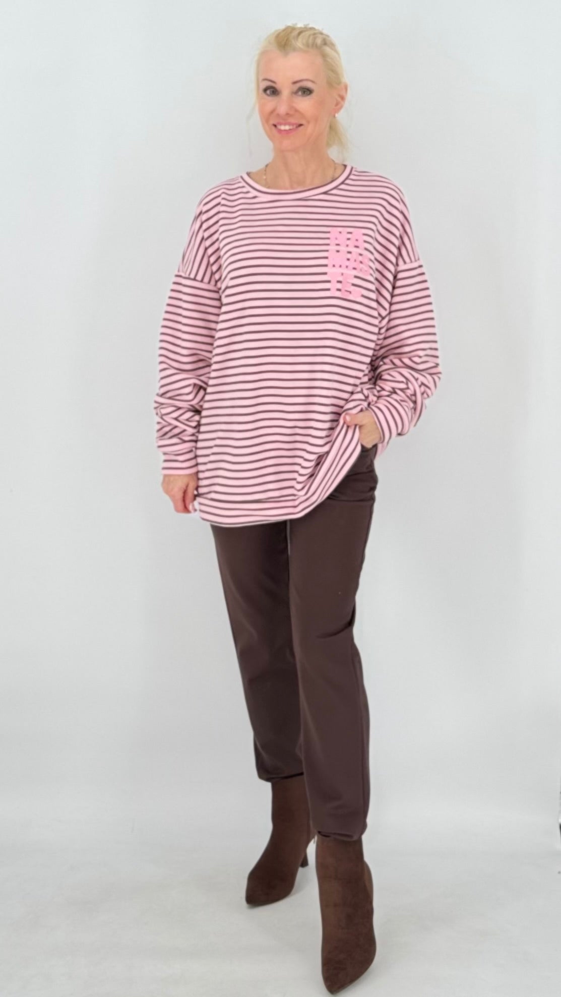 Sweatshirt in Gestreift "NAMASTE", rosa, braun