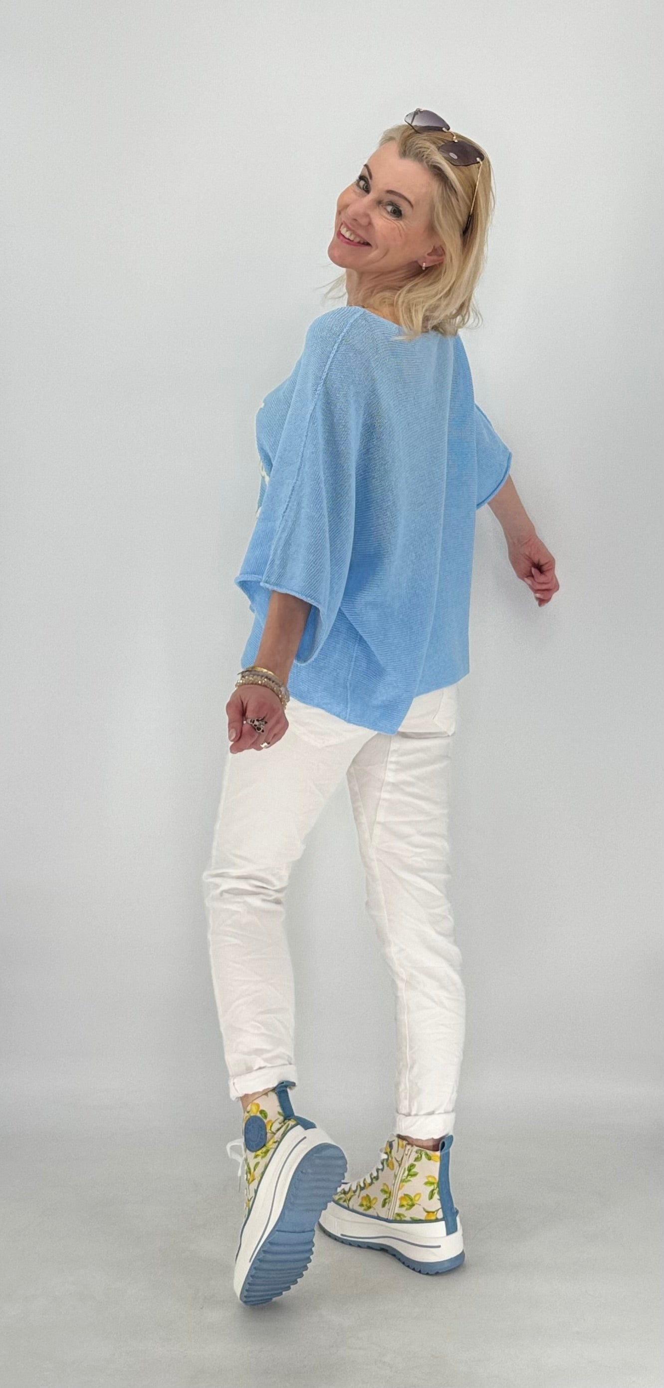 Shirt "BONJOUR", rosa, blau