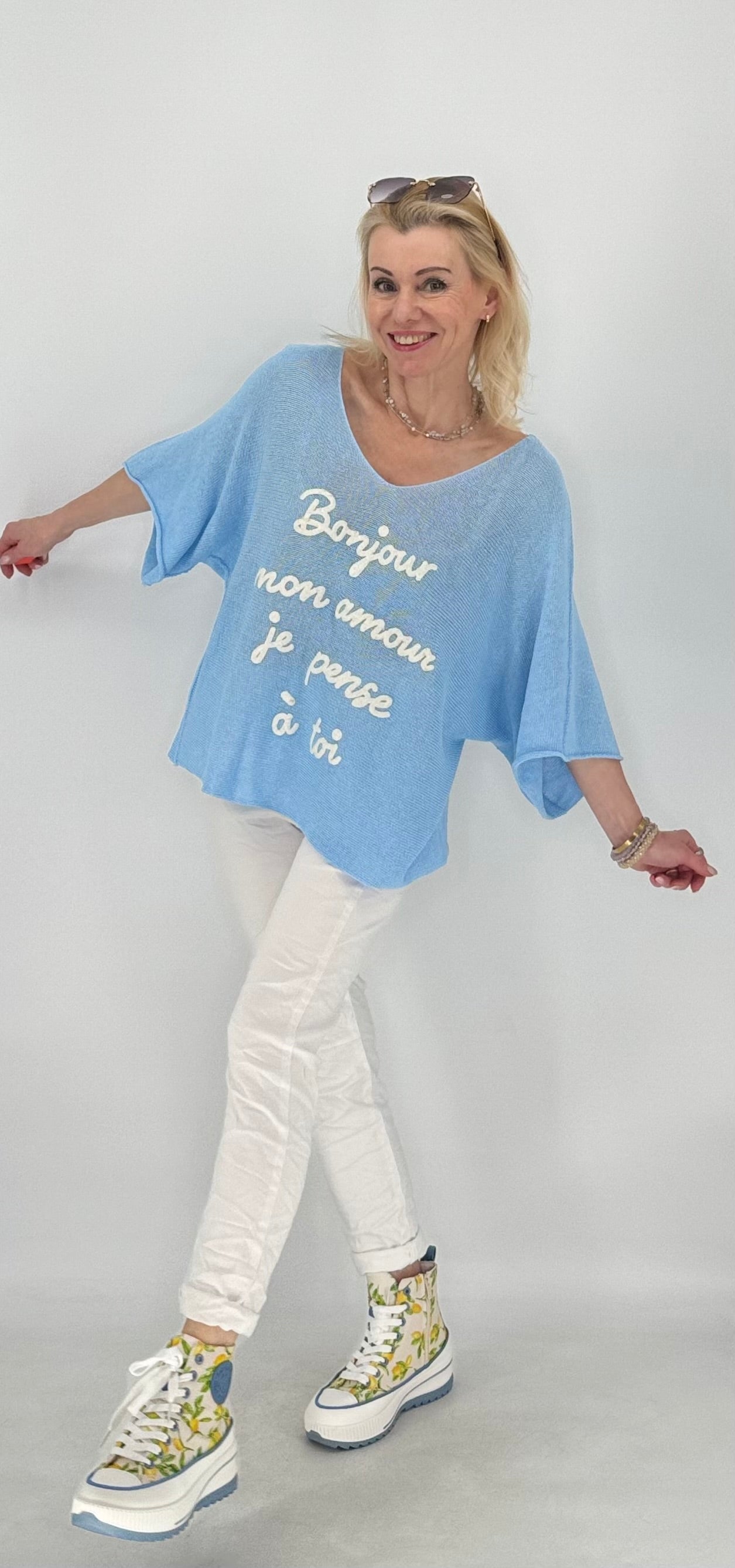 Shirt "BONJOUR", rosa, blau