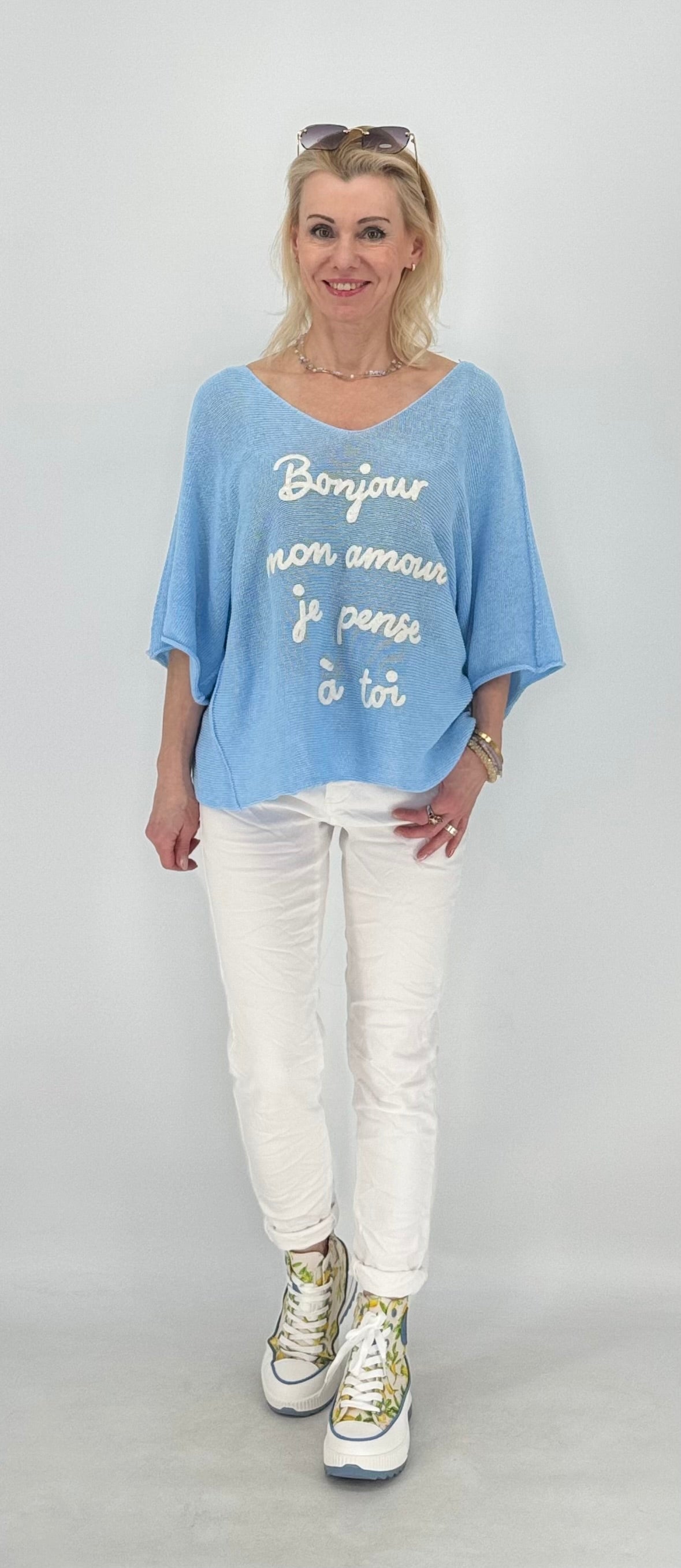 Shirt "BONJOUR", rosa, blau