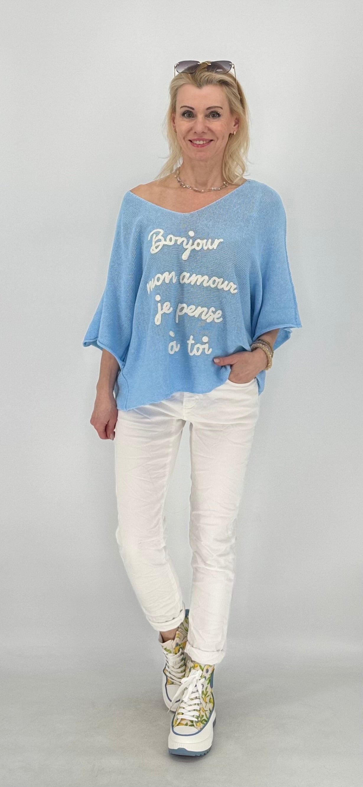 Shirt "BONJOUR", rosa, blau