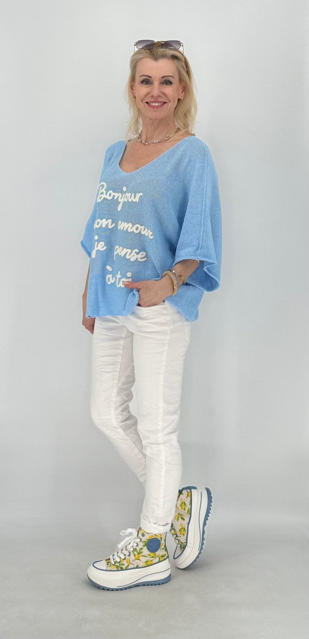 Shirt "BONJOUR", rosa, blau