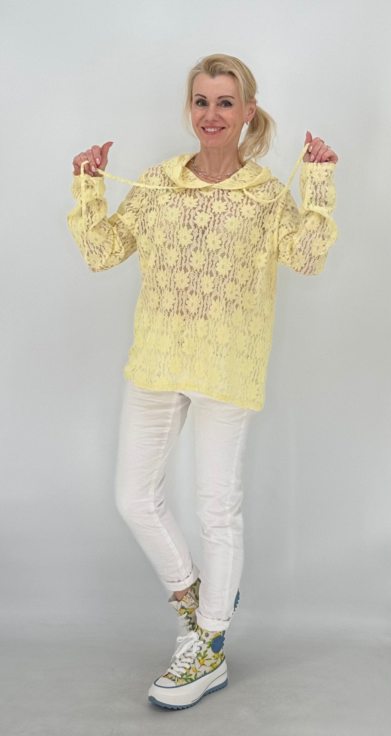 Hoodie im Spitzenlook ohne Futter, rosa, gelb, blau