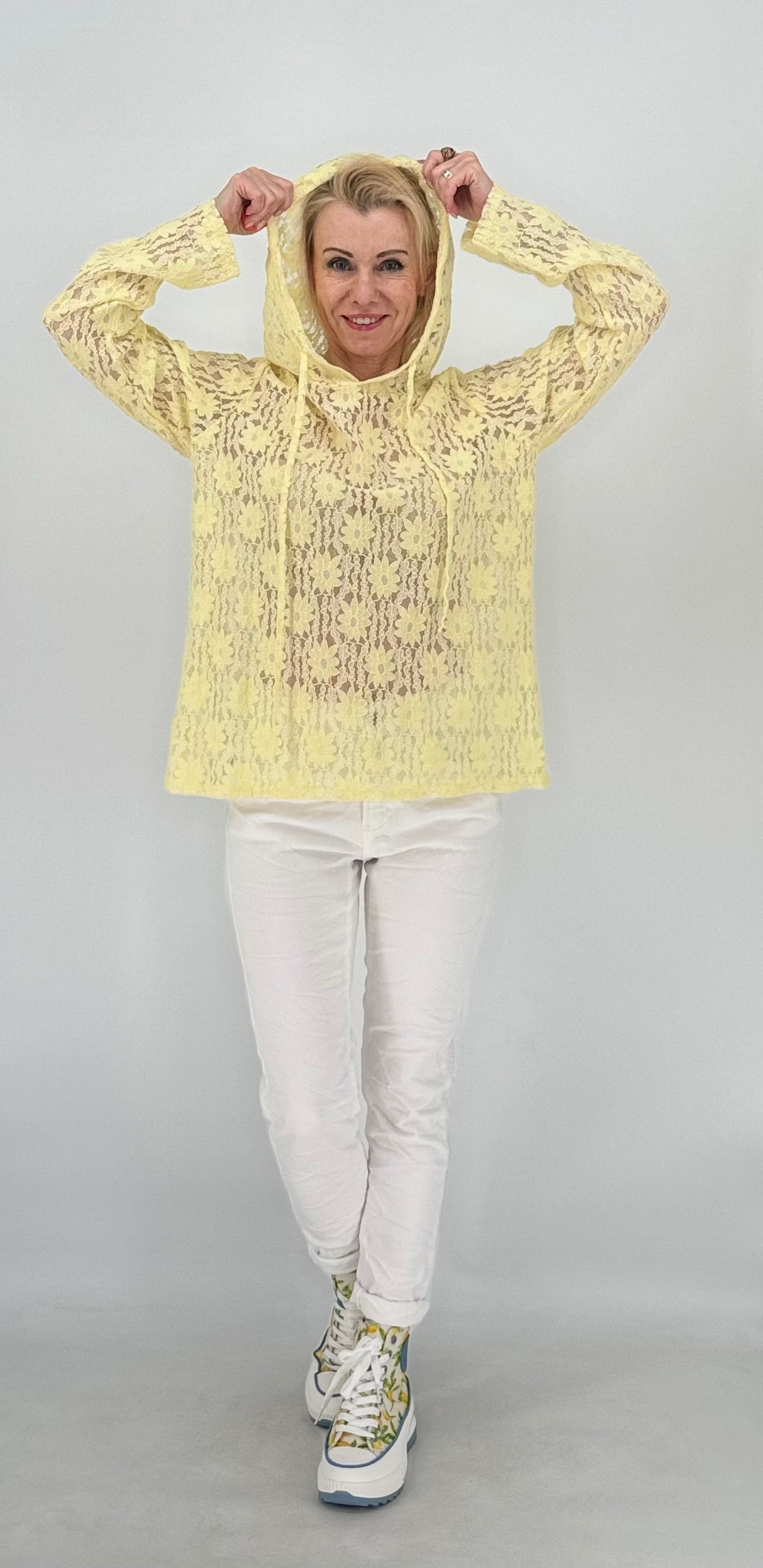 Hoodie im Spitzenlook ohne Futter, rosa, gelb, blau