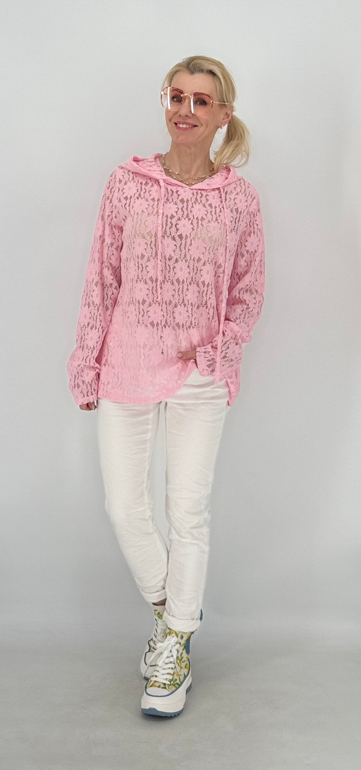 Hoodie im Spitzenlook ohne Futter, rosa, gelb, blau