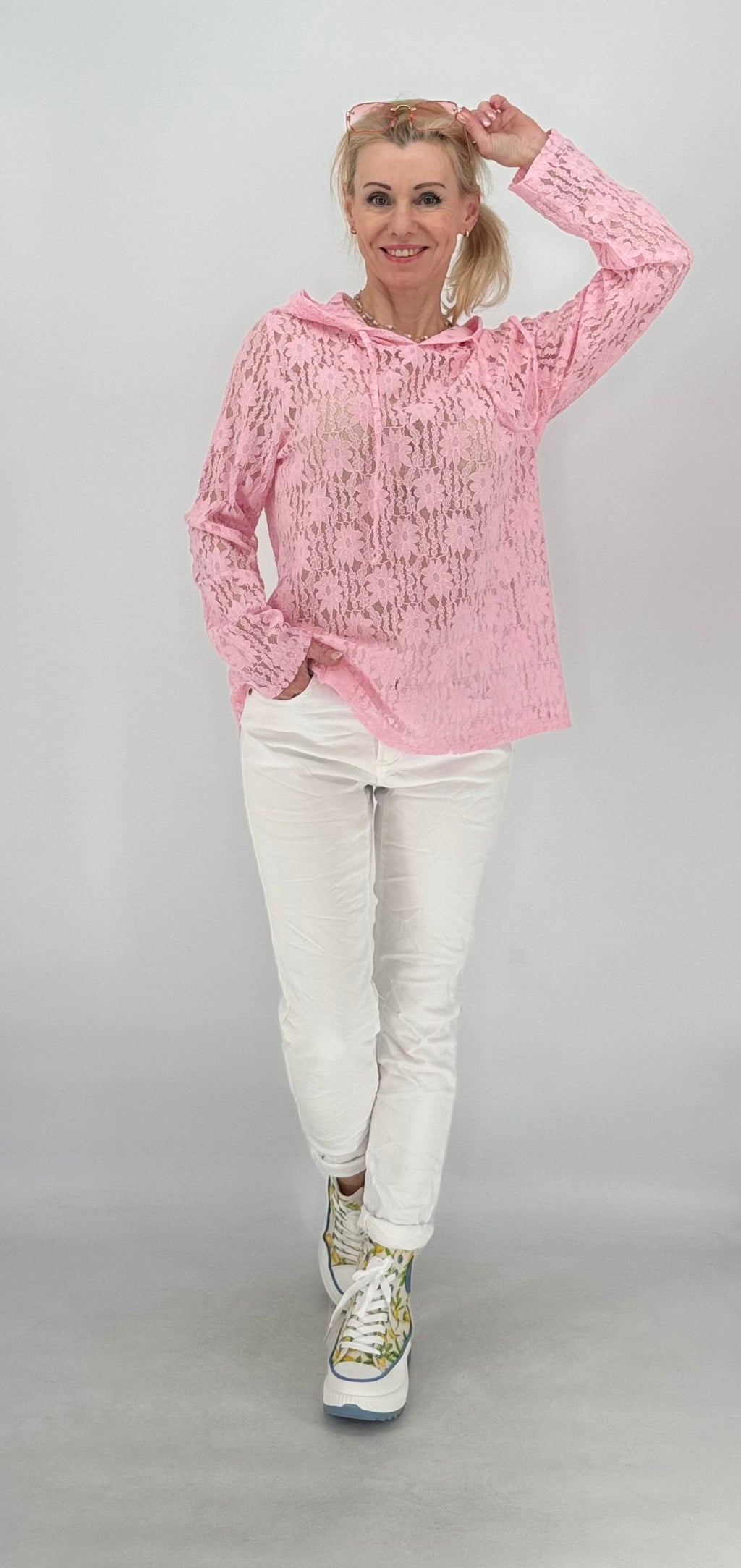 Hoodie im Spitzenlook ohne Futter, rosa, gelb, blau