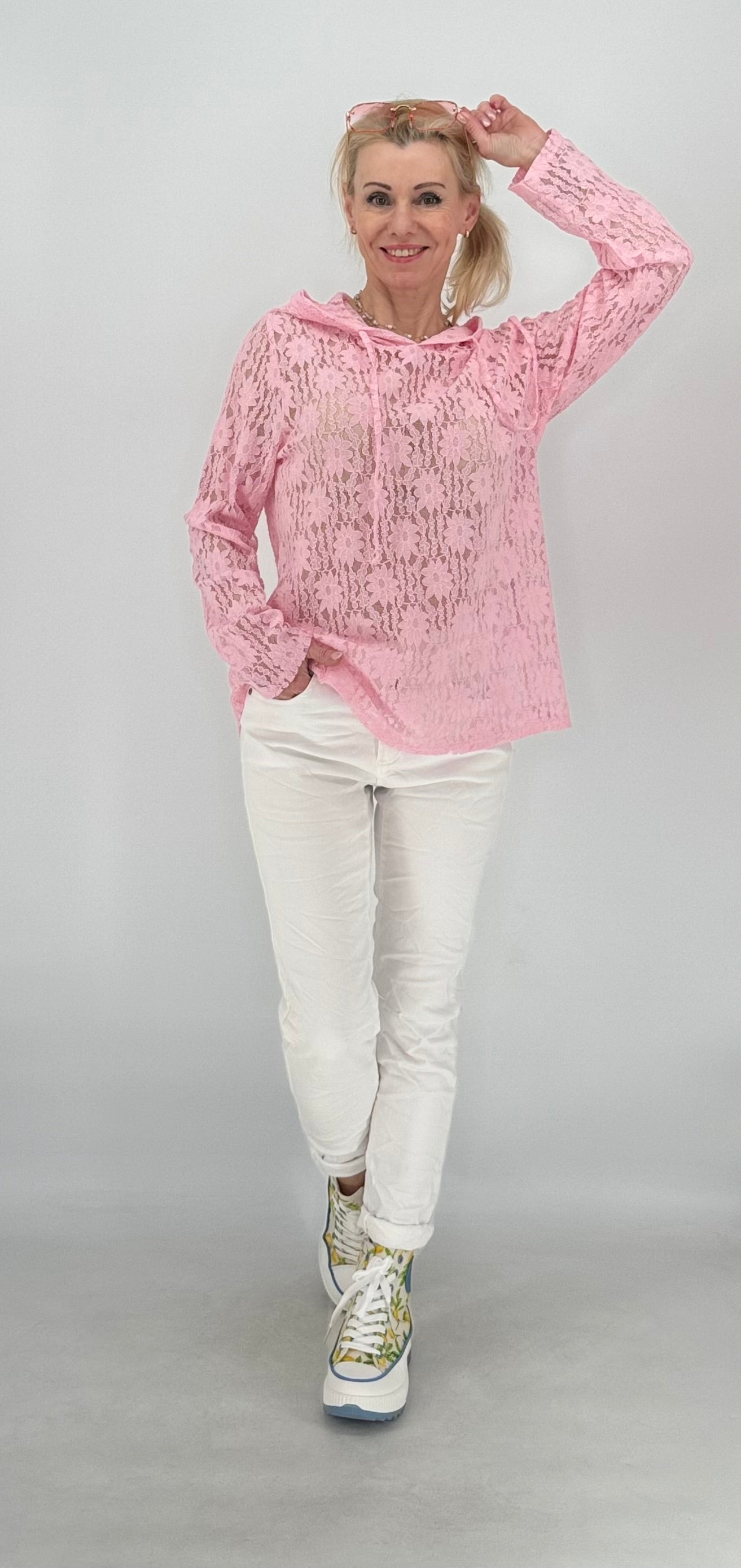 Hoodie im Spitzenlook ohne Futter, rosa, gelb, blau