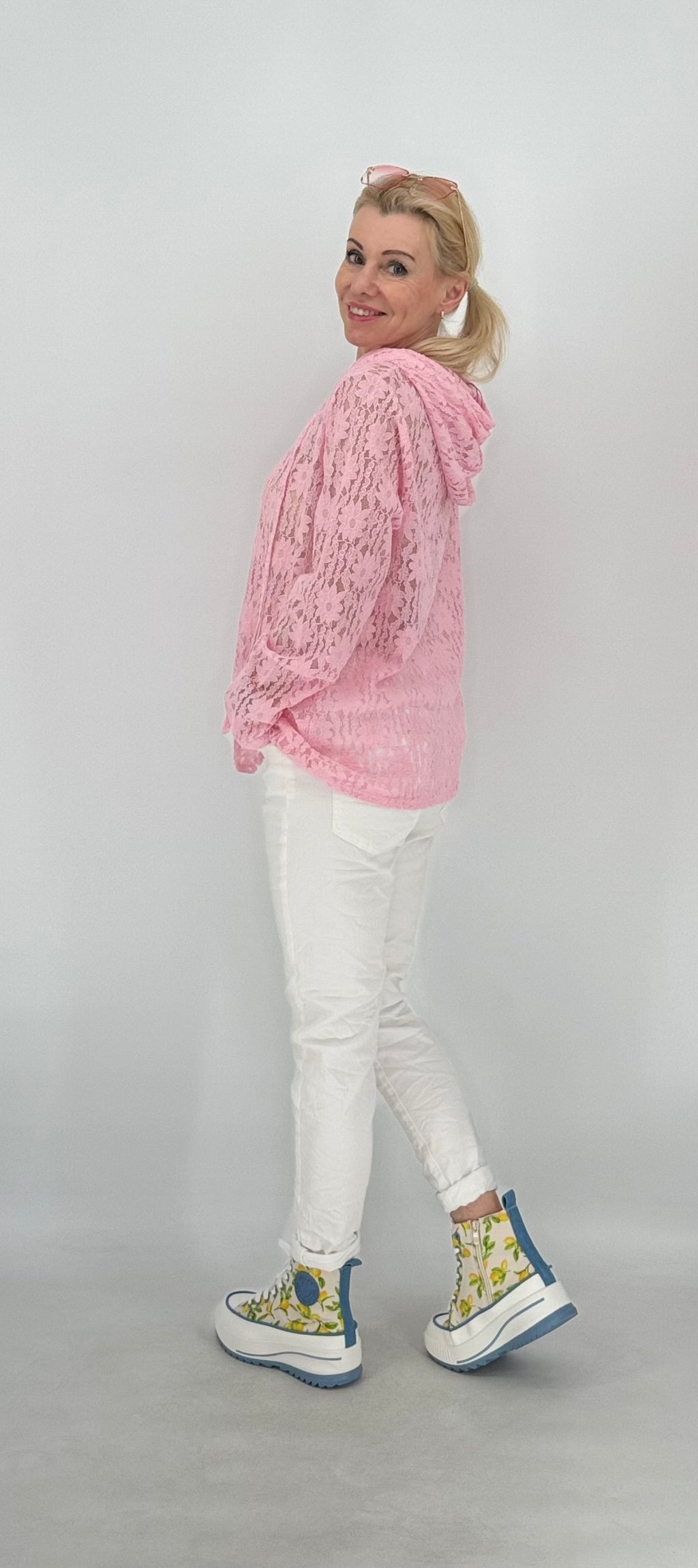 Hoodie im Spitzenlook ohne Futter, rosa, gelb, blau