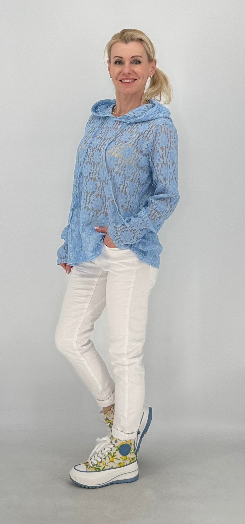 Hoodie im Spitzenlook ohne Futter, rosa, gelb, blau