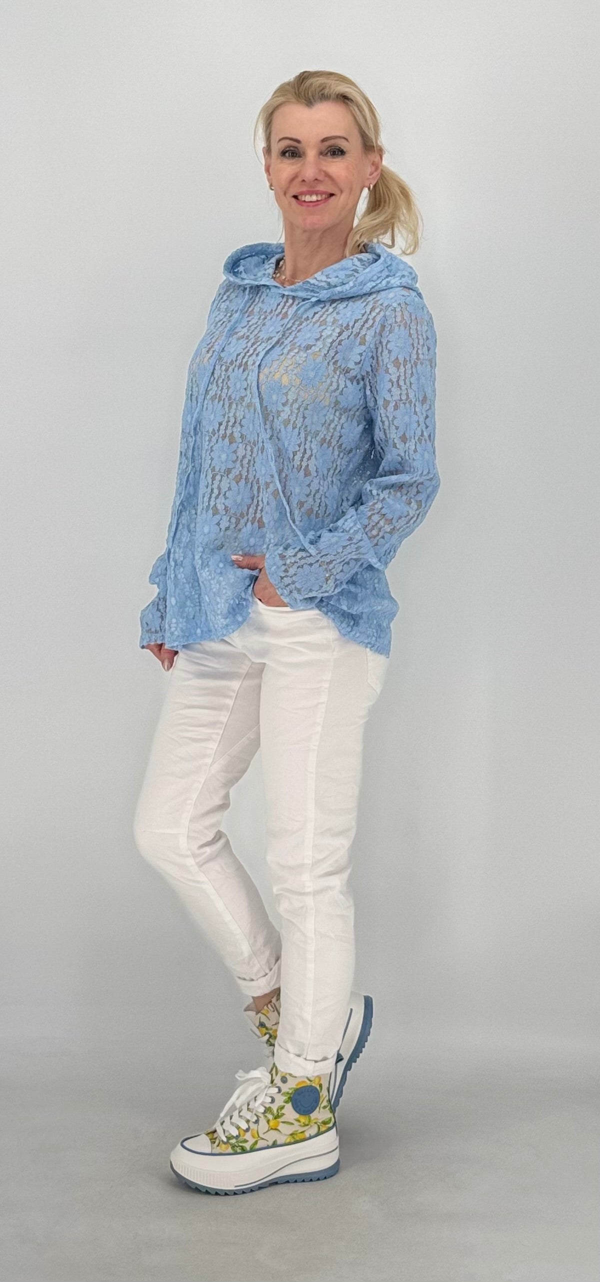 Hoodie im Spitzenlook ohne Futter, rosa, gelb, blau