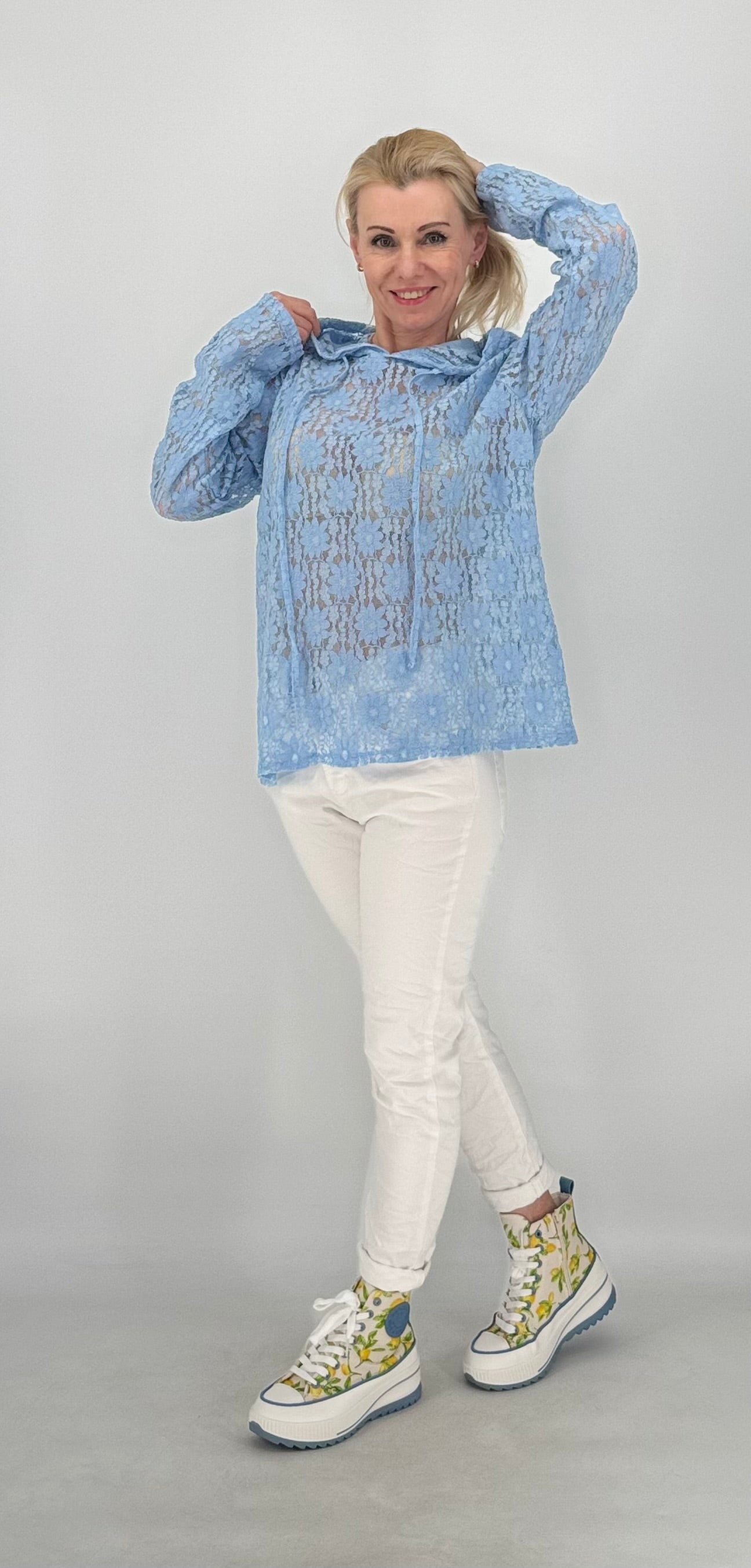 Hoodie im Spitzenlook ohne Futter, rosa, gelb, blau