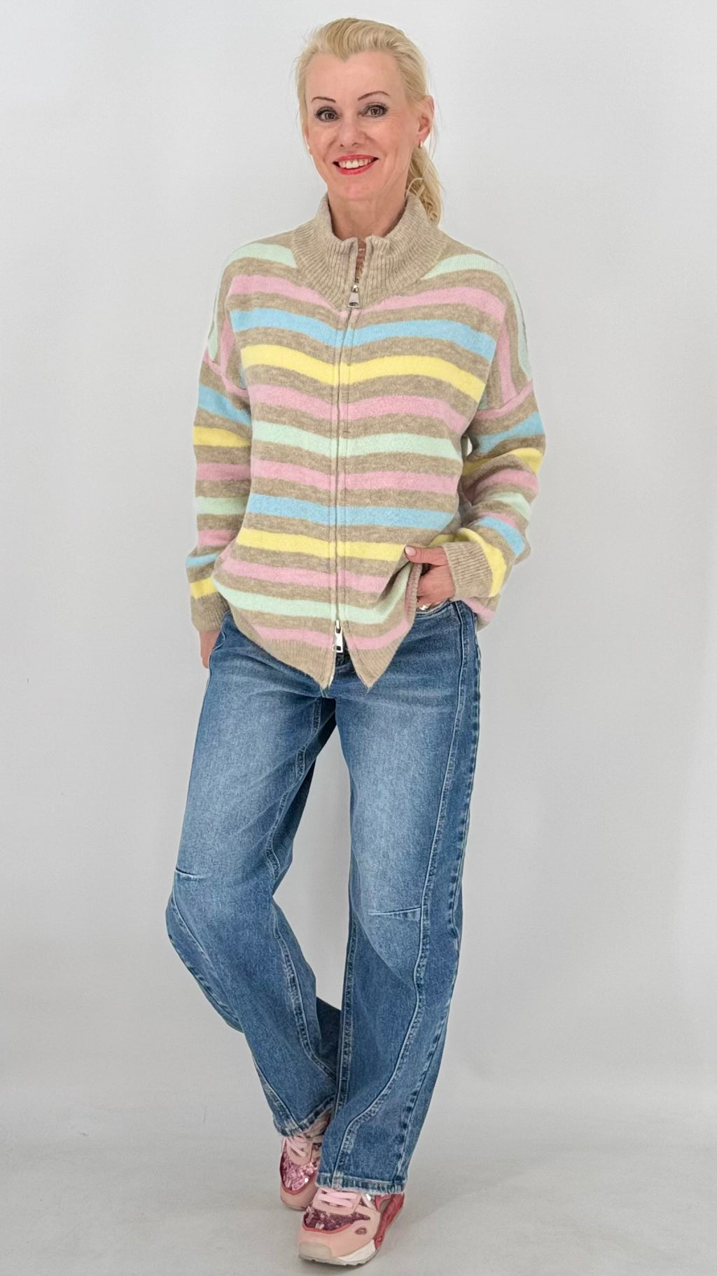 Strickjacke mit Reißverschluss, pink, khaki, beige
