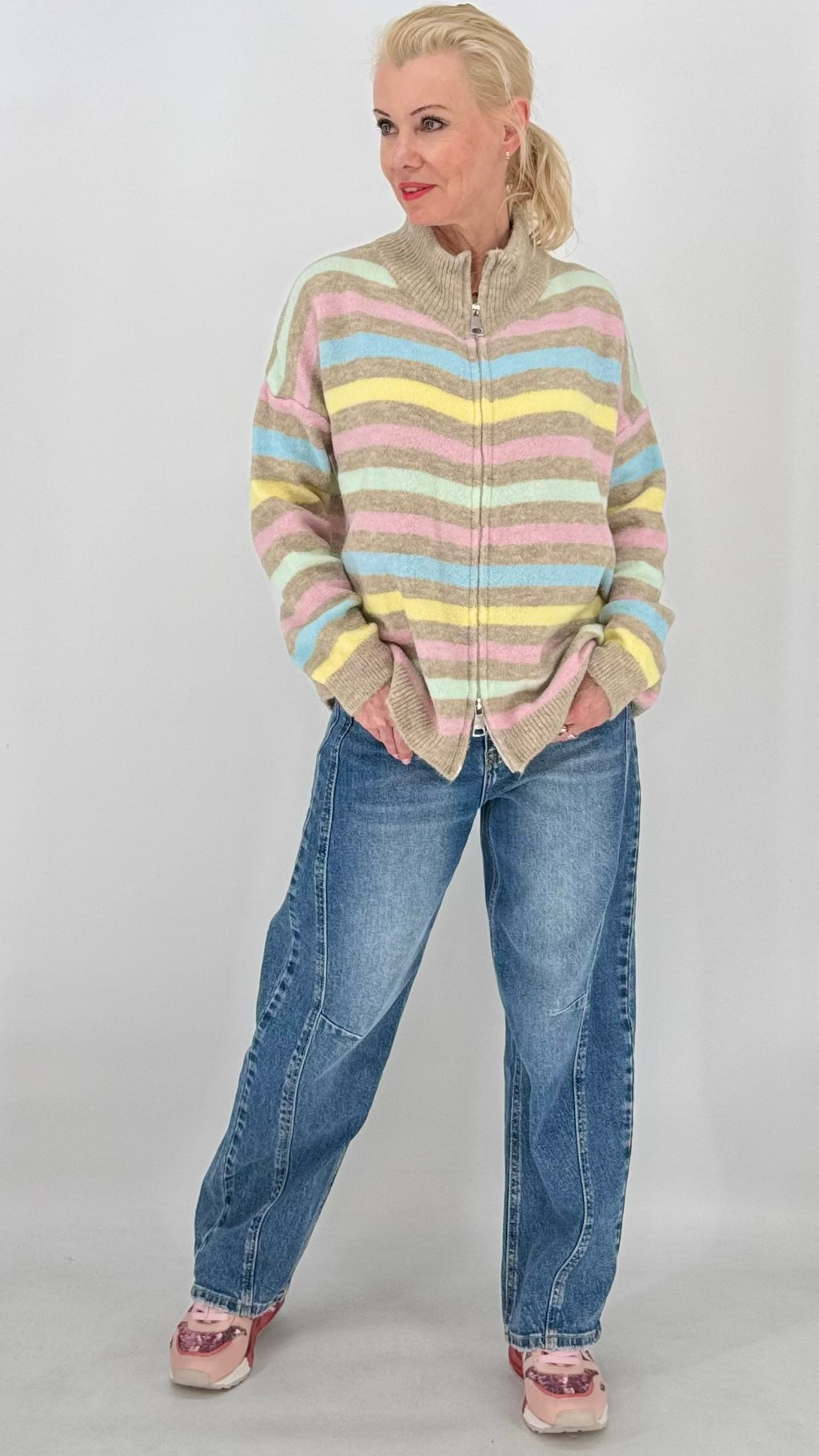 Strickjacke mit Reißverschluss, pink, khaki, beige