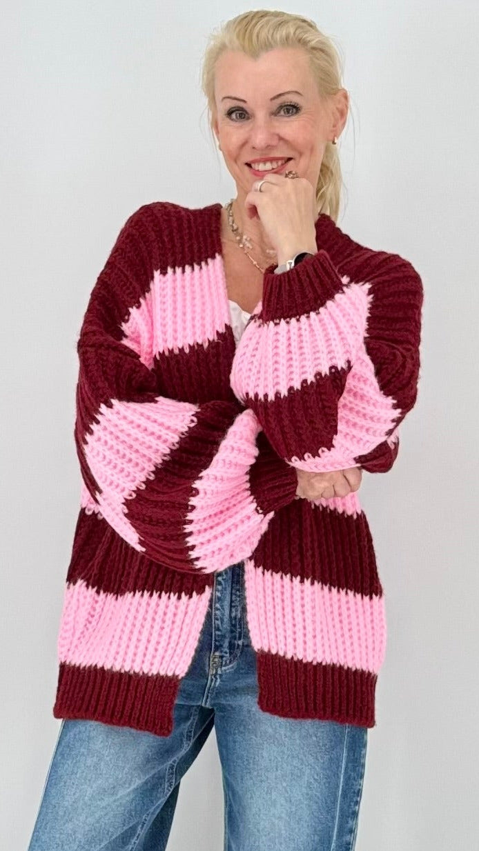 Strickjacke in Gestreift, rosa/bordo
