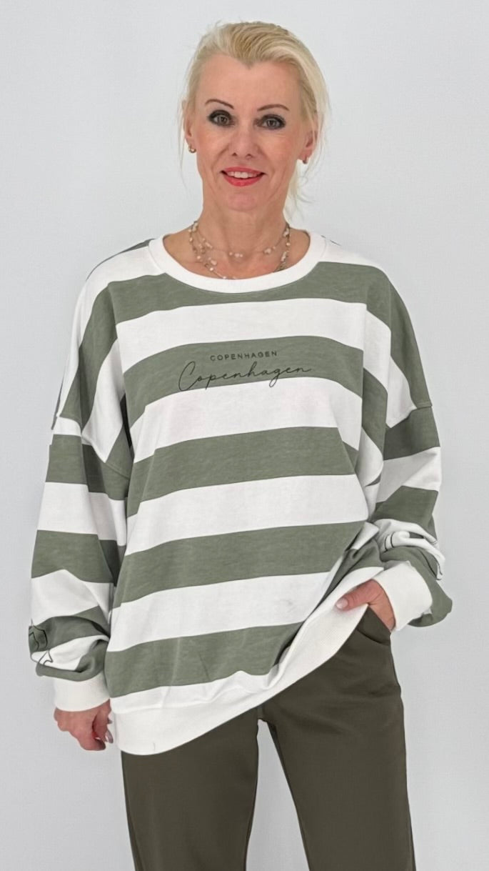 Oversize Streifen-Sweatshirt „Copenhagen“ in Weiß & Khaki