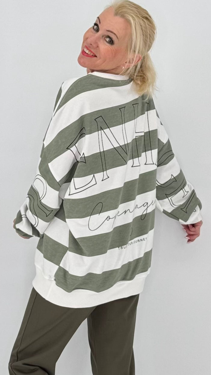 Oversize Streifen-Sweatshirt „Copenhagen“ in Weiß & Khaki
