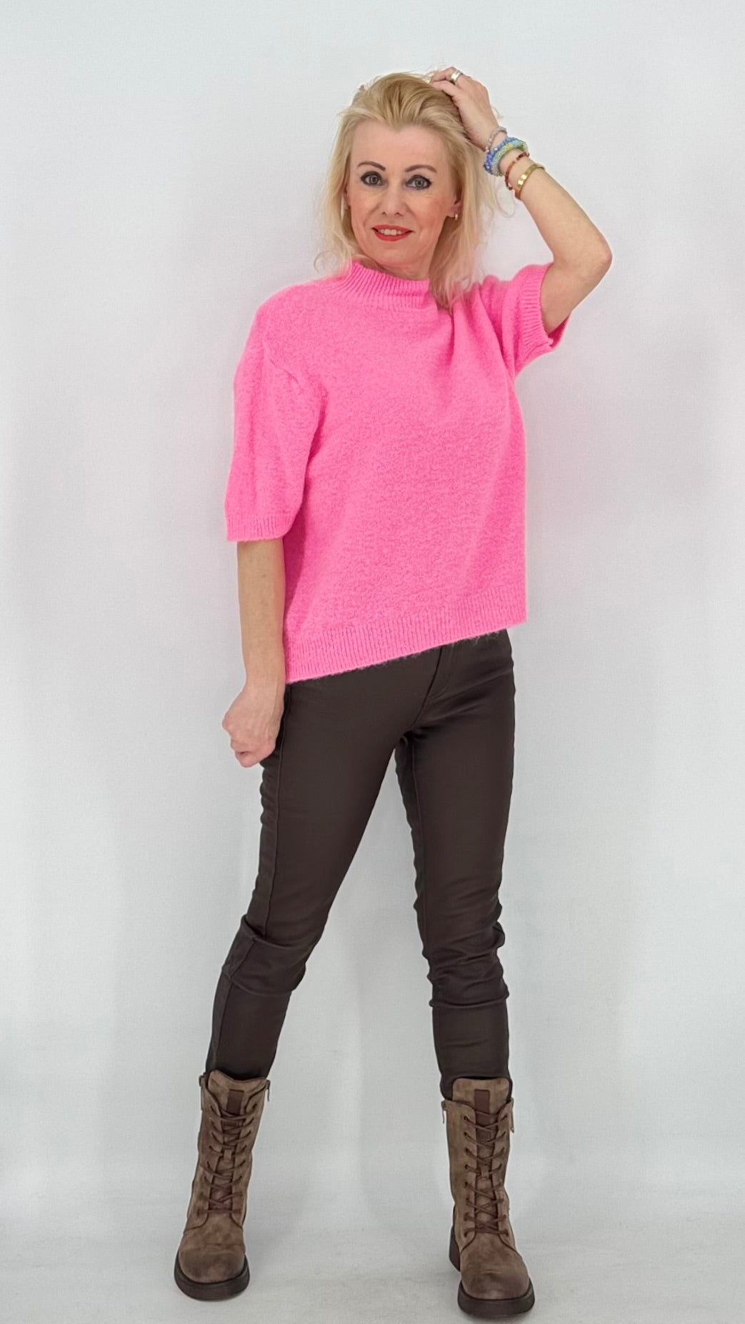 Pullover ESViViD Baby Alpaca kurzarm, braun, weiss, rosa