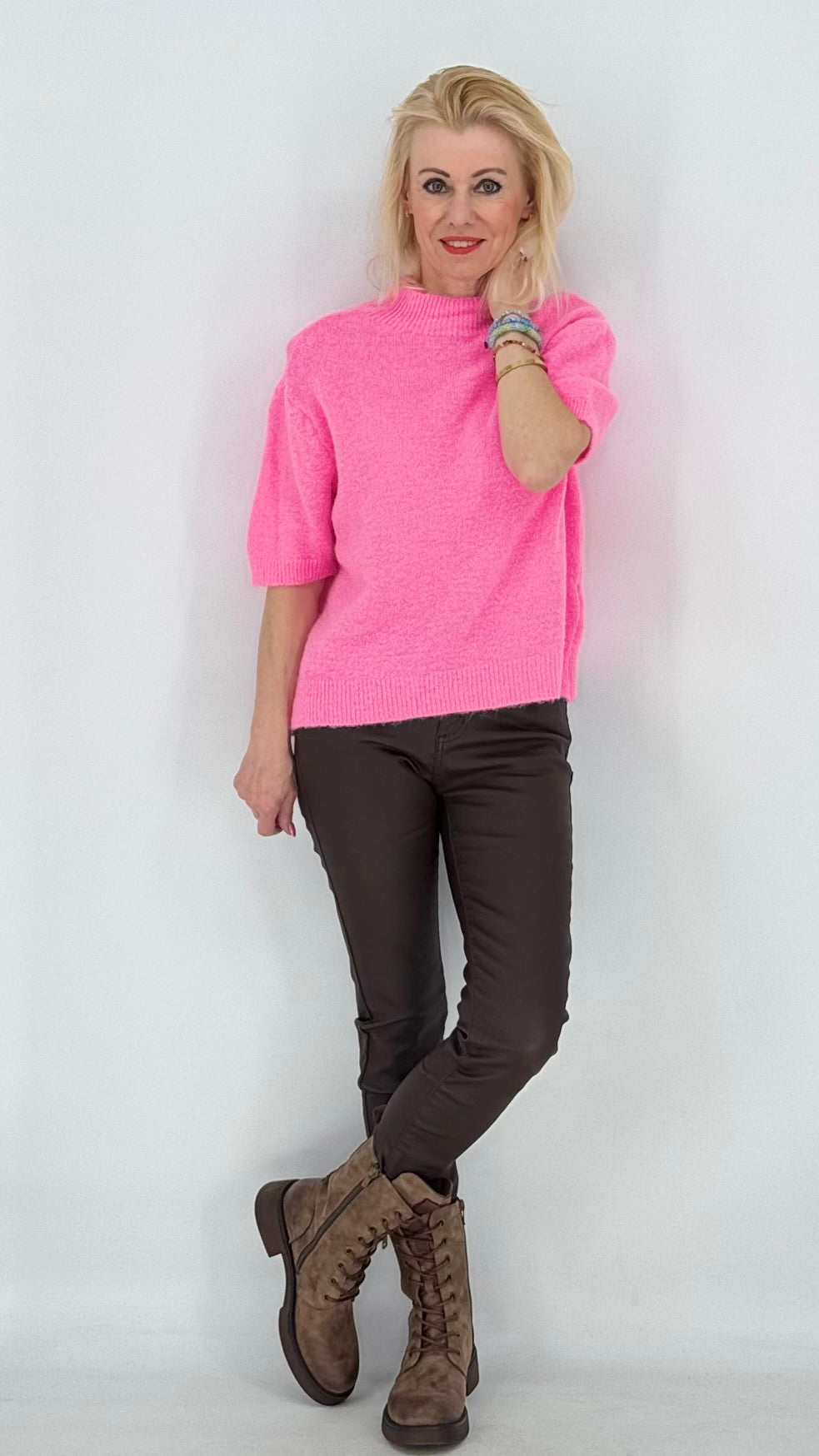 Pullover ESViViD Baby Alpaca kurzarm, braun, weiss, rosa