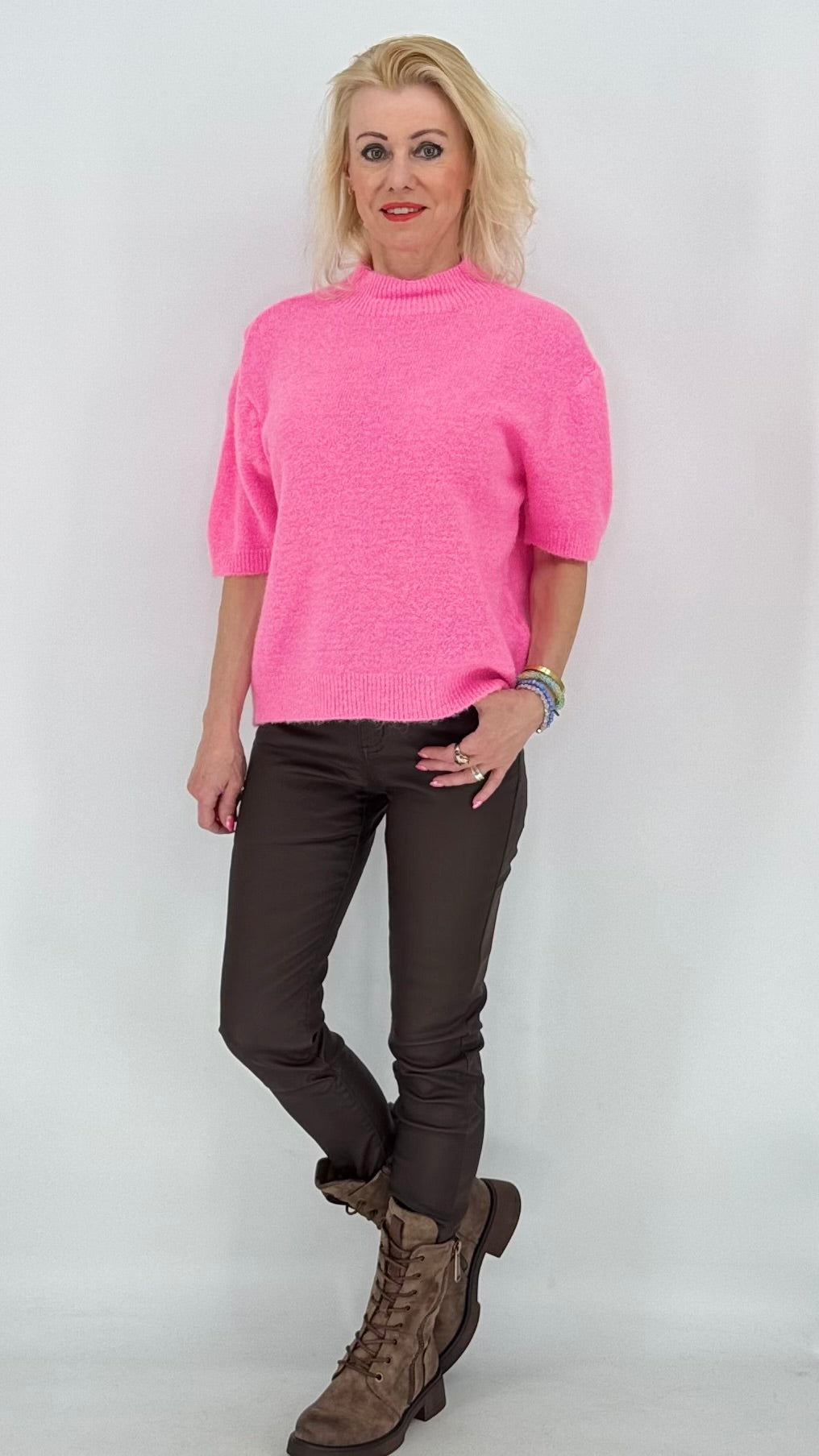 Pullover ESViViD Baby Alpaca kurzarm, braun, weiss, rosa