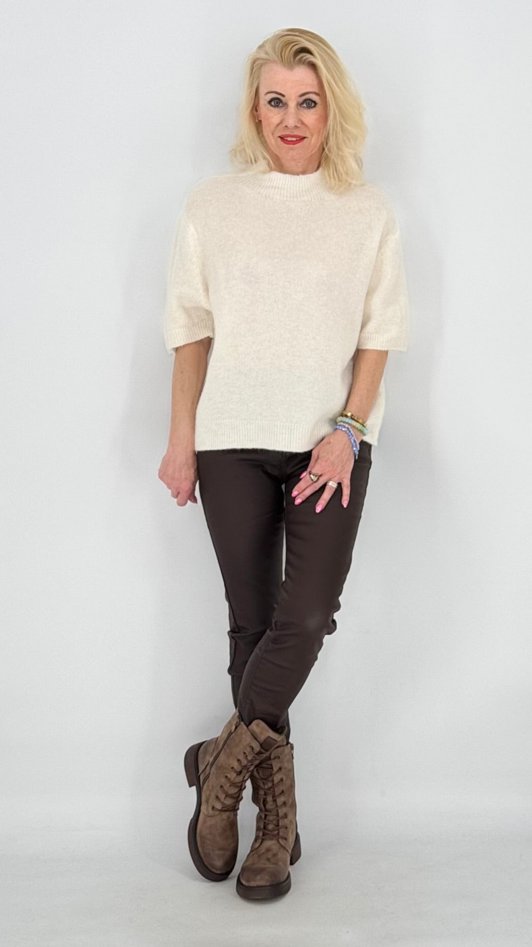 Pullover ESViViD Baby Alpaca kurzarm, braun, weiss, rosa