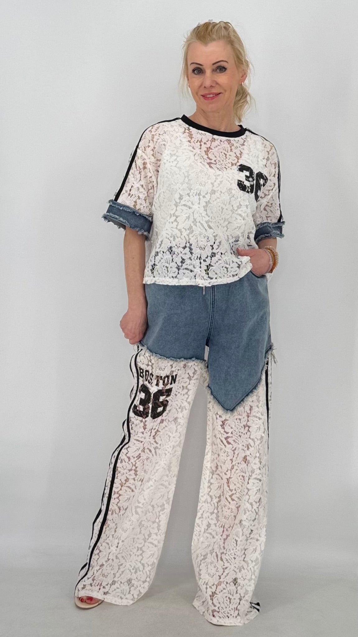 Jeans Anzug "36", Spitzen-Shirt in weiß