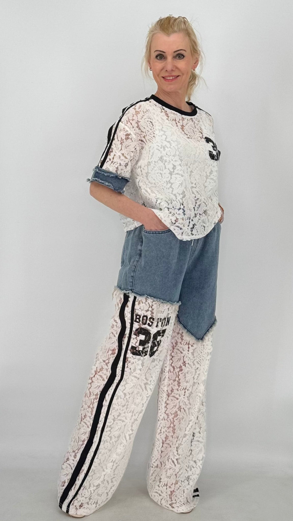 Jeans Anzug "36", Spitzen - Shirt in weiß - By Elena FashionBy Elena Fashion