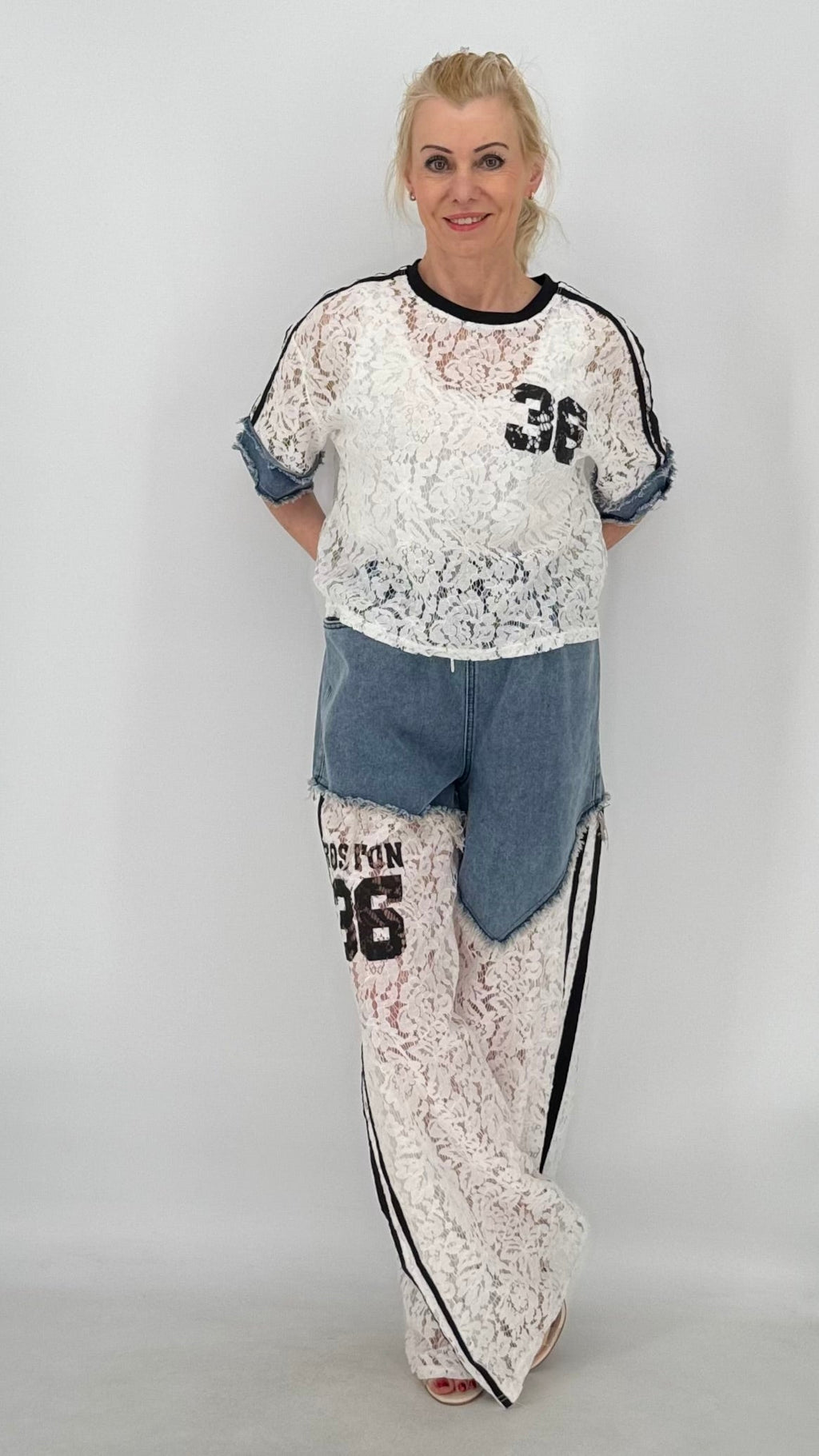 Jeans Anzug "36", Spitzen - Shirt in weiß - By Elena FashionBy Elena Fashion
