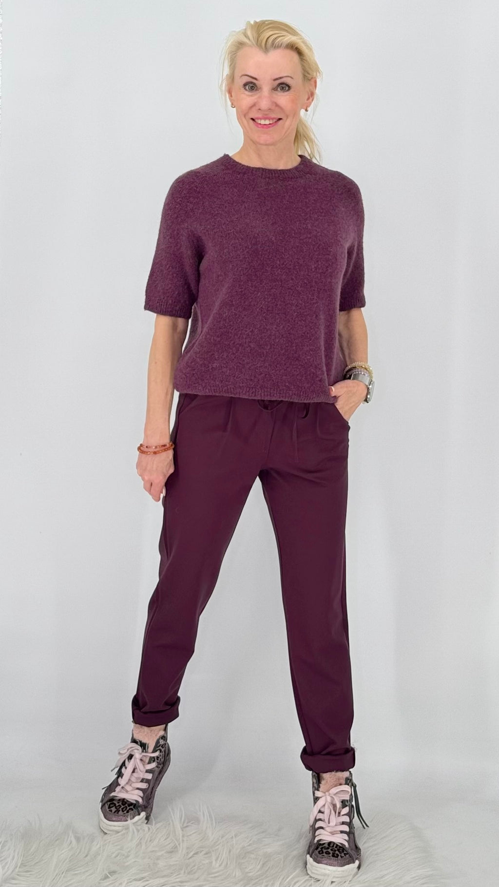 Pullover – Kurzarm-Strickpullover in Bordeaux