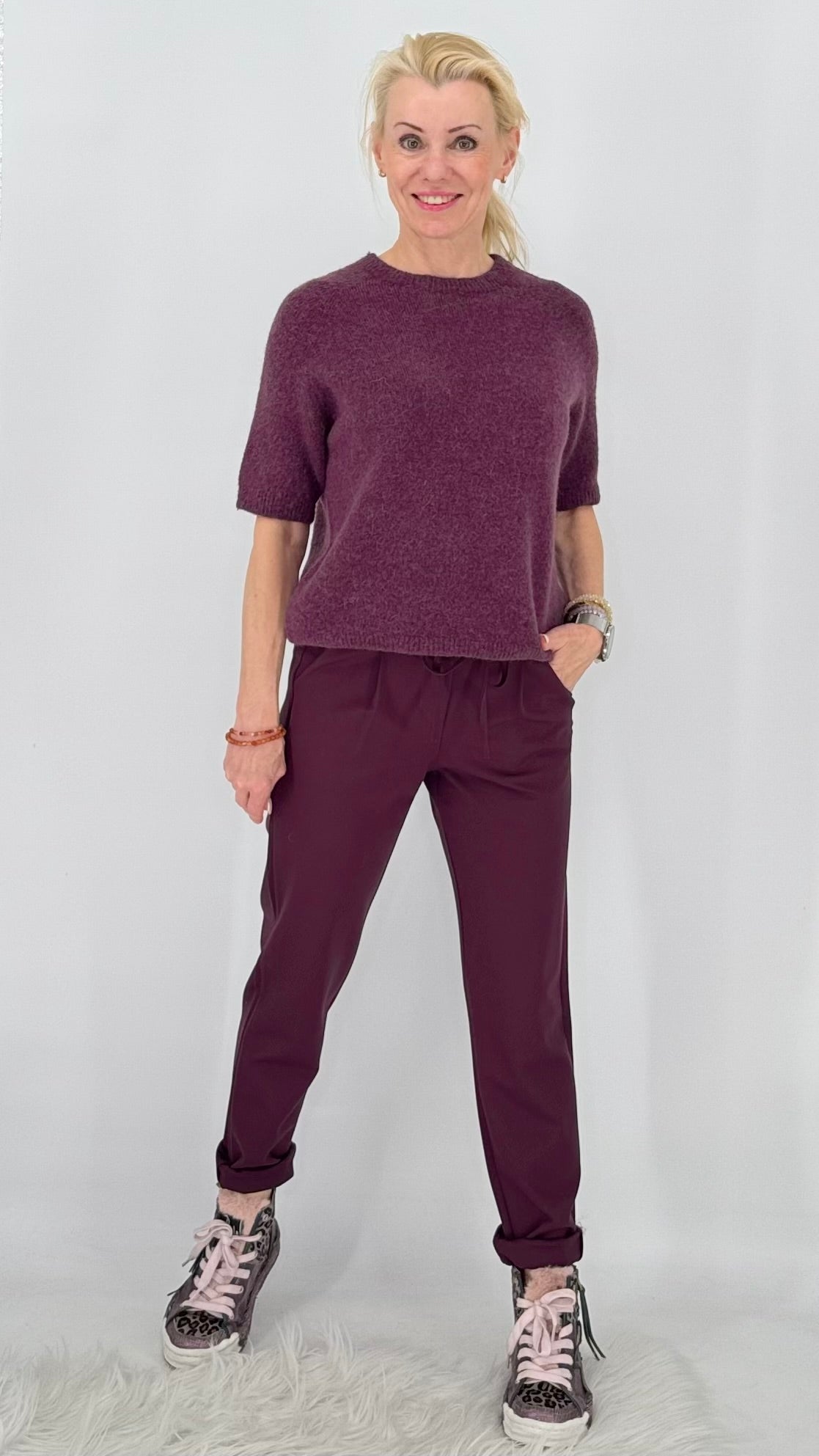 Pullover – Kurzarm-Strickpullover in Bordeaux
