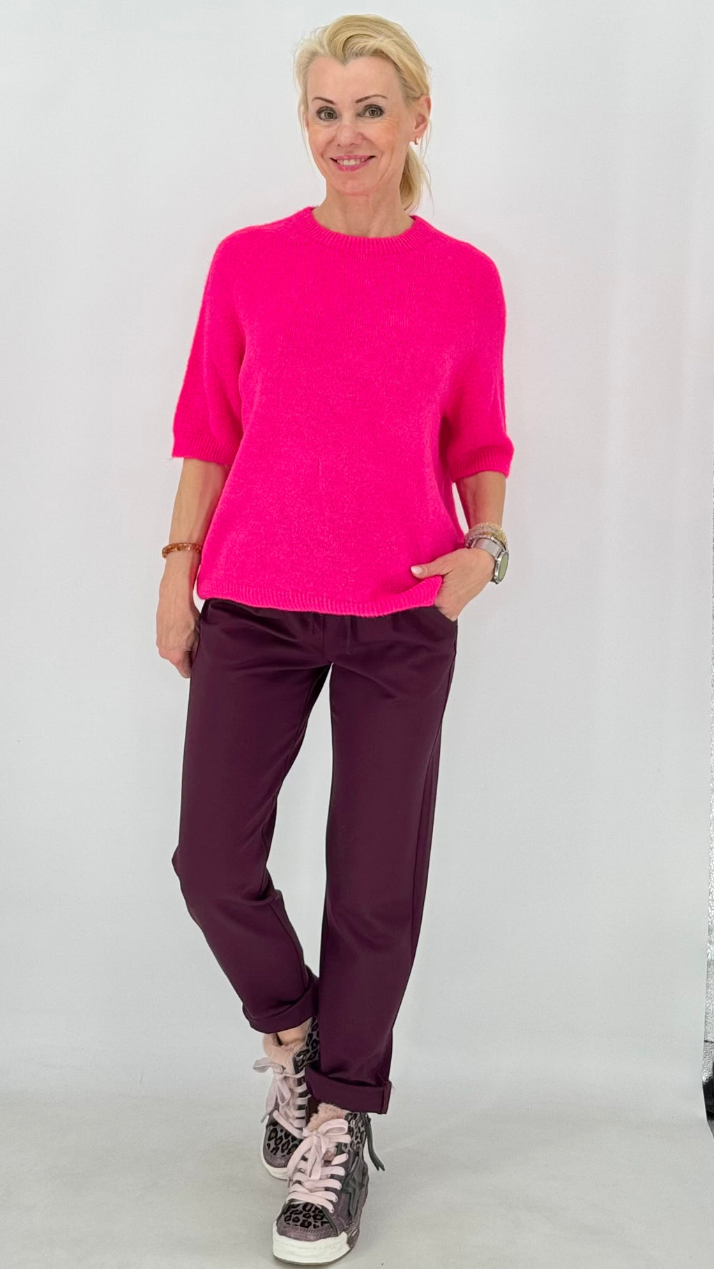 Pullover – Kurzarm-Strickpullover in Pink