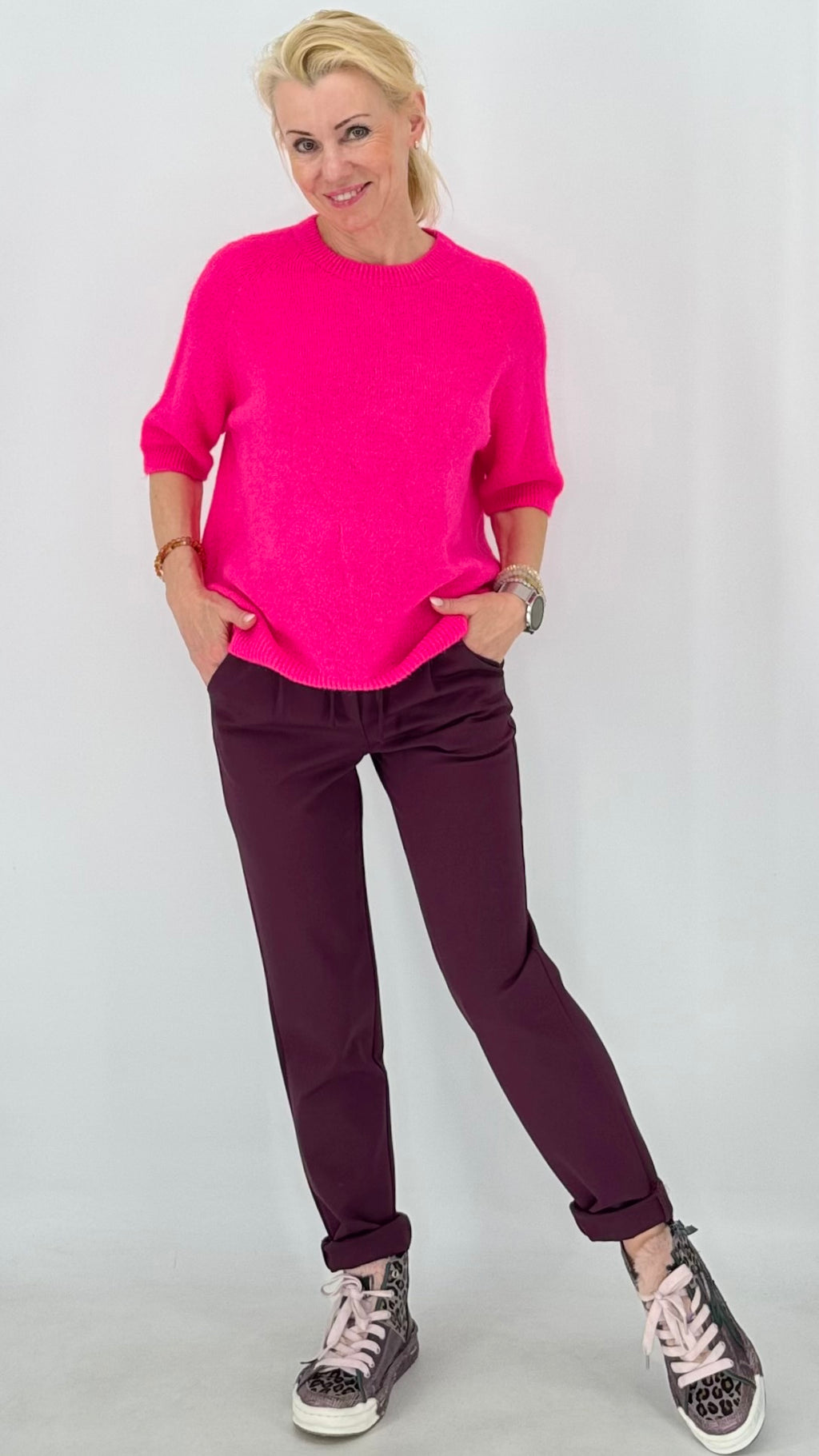 Pullover – Kurzarm-Strickpullover in Pink