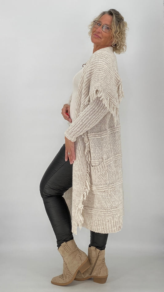 Langer Strickcardigan mit Fransen, Beige