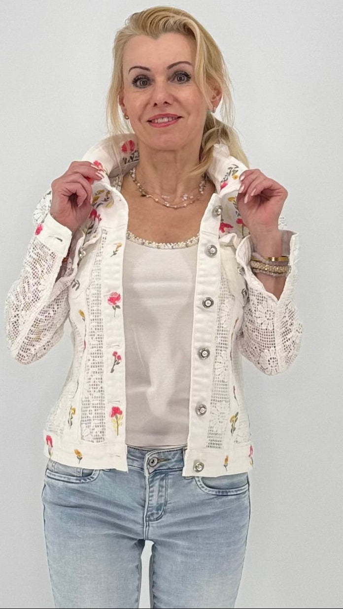 Spitzen-Jeansjacke mit Blumenstickerei