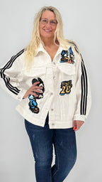Oversized Jacke, Denim in Weiss, gemischt mit Comic - Elemente - By Elena FashionBy Elena Fashion