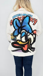 Oversized Jacke, Denim in Weiss, gemischt mit Comic - Elemente - By Elena FashionBy Elena Fashion