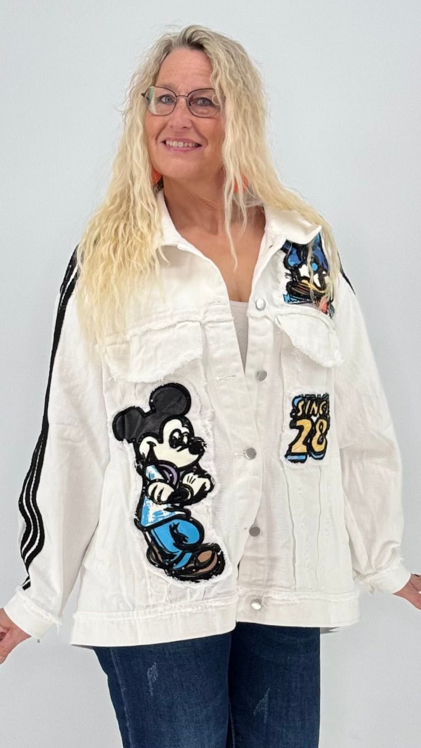 Oversized Jacke, Denim in Weiss, gemischt mit Comic - Elemente - By Elena FashionBy Elena Fashion