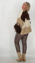 Strickjacke mit Fransen, creme/braun