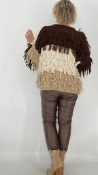 Strickjacke mit Fransen, creme/braun