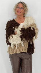 Strickjacke mit Fransen, creme/braun