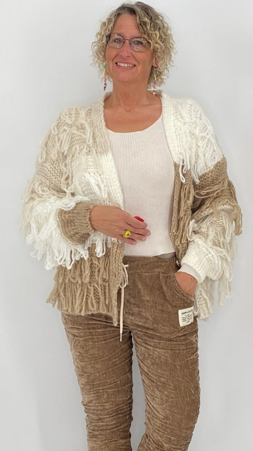 Strickjacke mit Fransen, creme/beige