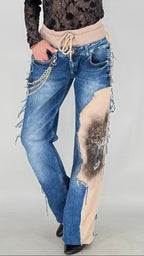 Limited Edition Patchwork-Jeans mit Tiger-Print & Kettendetail