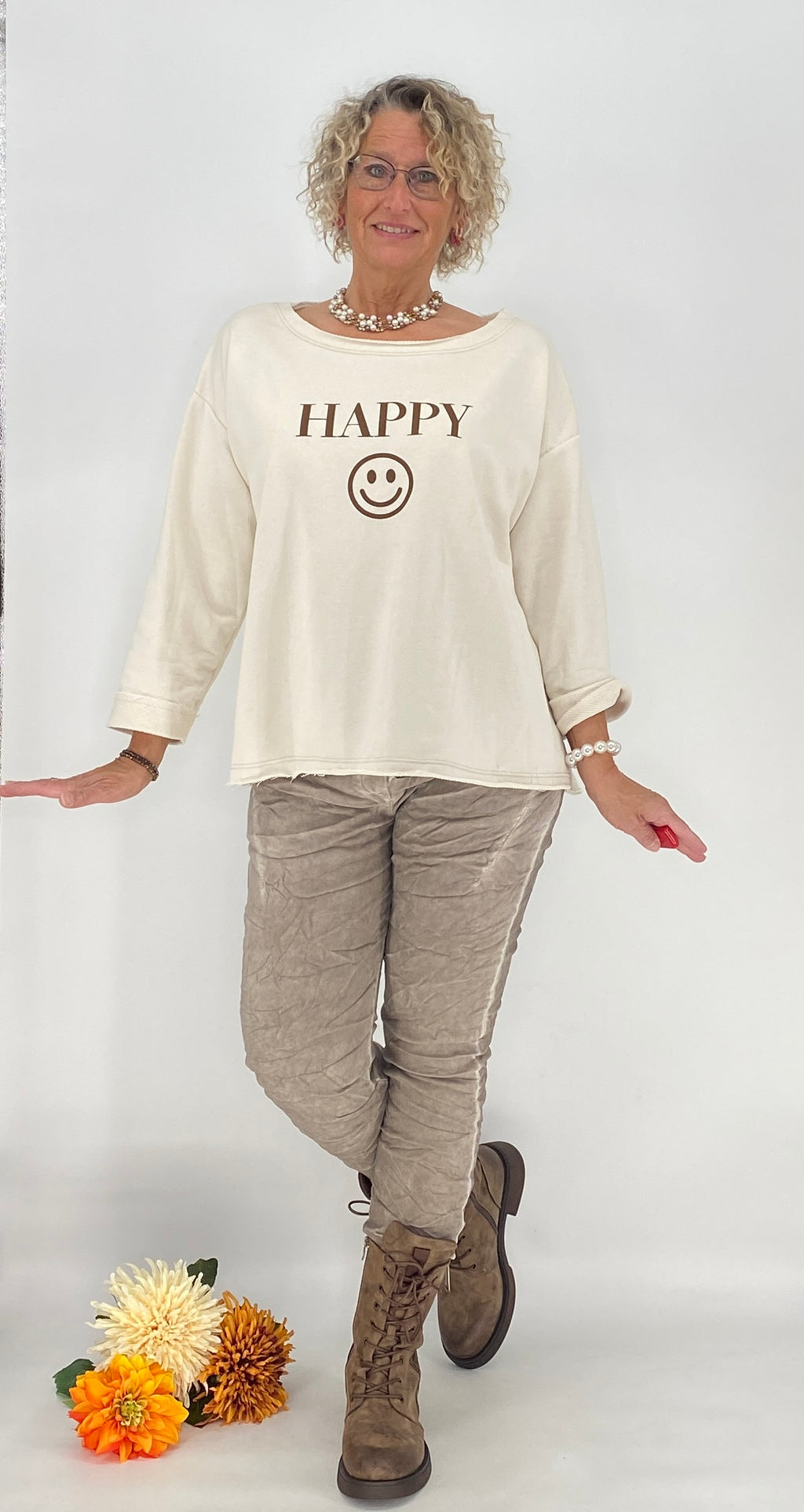 Sweatshirt "HAPPY", creme, braun