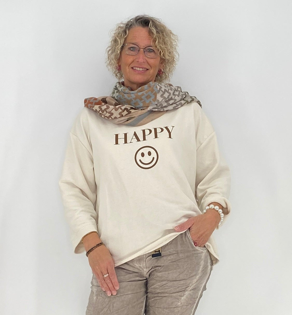 Sweatshirt "HAPPY", creme, braun